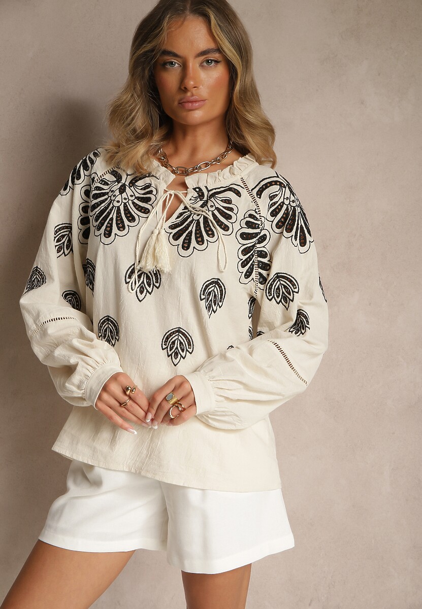 Beżowa Bluzka Oversize z Bawełny z Ornamentnym Wzorem Nilindea