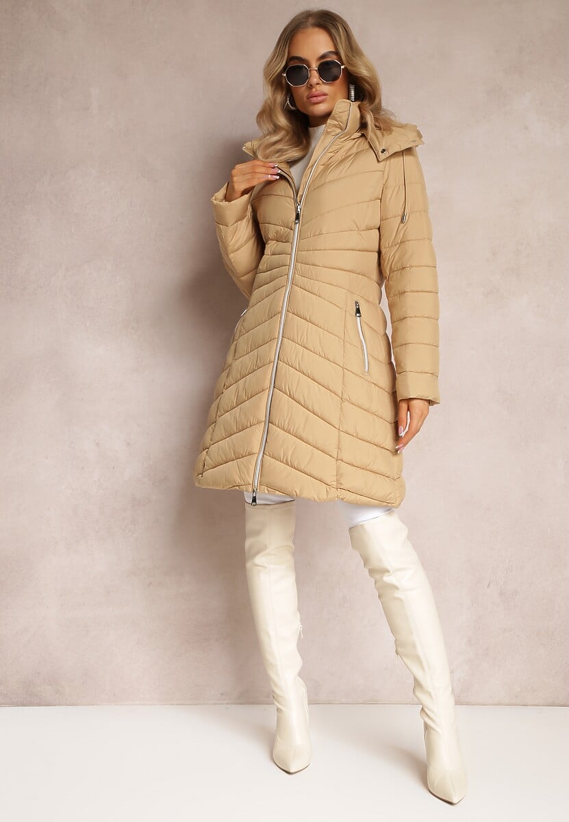Beżowa Pikowana Kurtka o Długim Fasonie z Odpinanym Kapturem Dakana