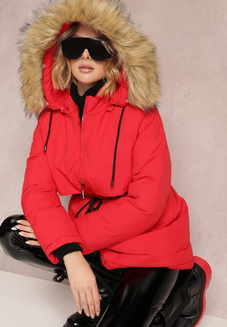 Czerwona Kurtka Parka z Kapturem z Futerkiem Bimi