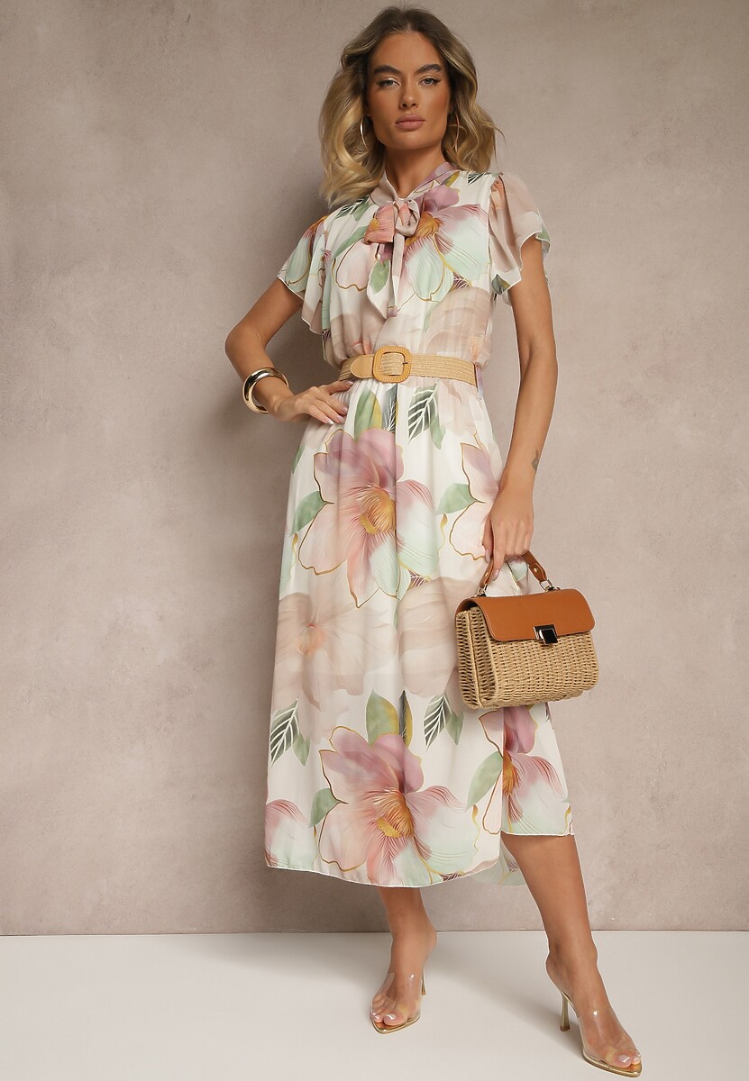 Beżowa Rozkloszowana Sukienka Zdobiona Wiązaniem i Paskiem z Klamrą Sorisse