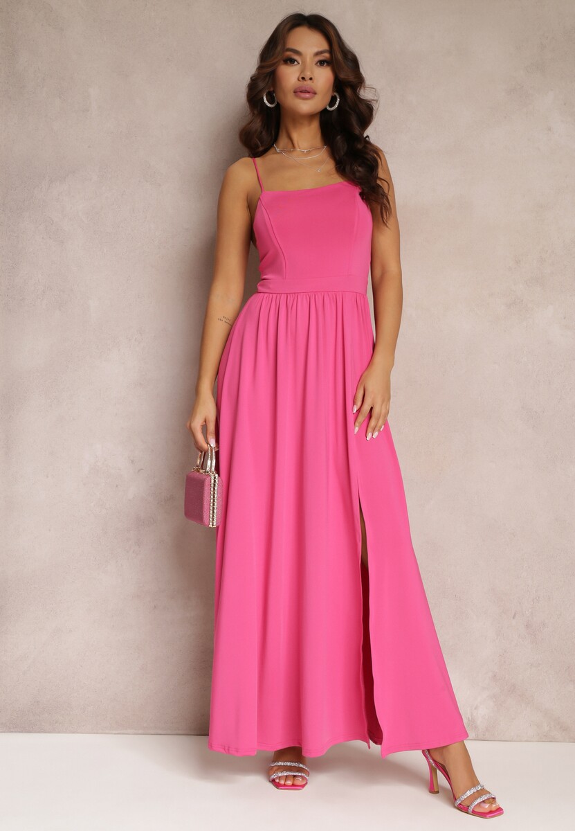 Fuksjowa Rozkloszowana Sukienka Maxi na Cienkich Ramiączkach z Rozporkiem Weslyn
