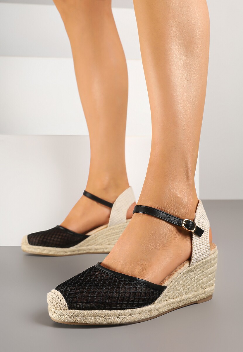 Czarne Sandały w Stylu Espadryli z Plecionką i Siateczką Meranella