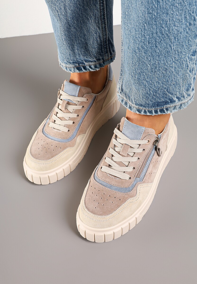 Ciemnobeżowe Sneakersy ze Skóry Naturalnej z Ozdobnym Suwakiem Tilliraya