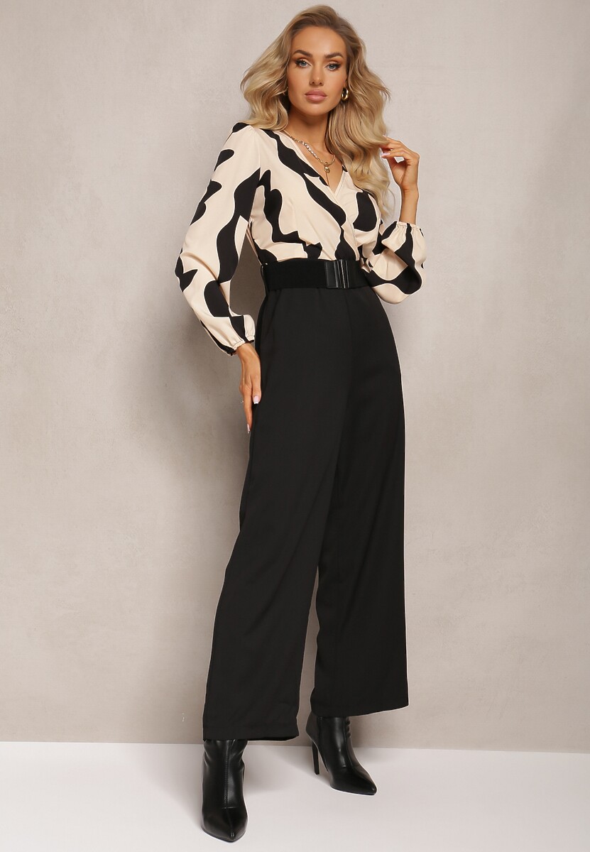 Beżowy Długi Kombinezon z Paskiem i Kopertowym Dekoltem Johnatho