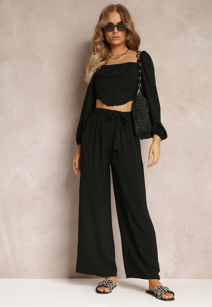 Granatowe Spodnie z Szerokimi Nogawkami i Doszytym Paskiem w Talii Atita