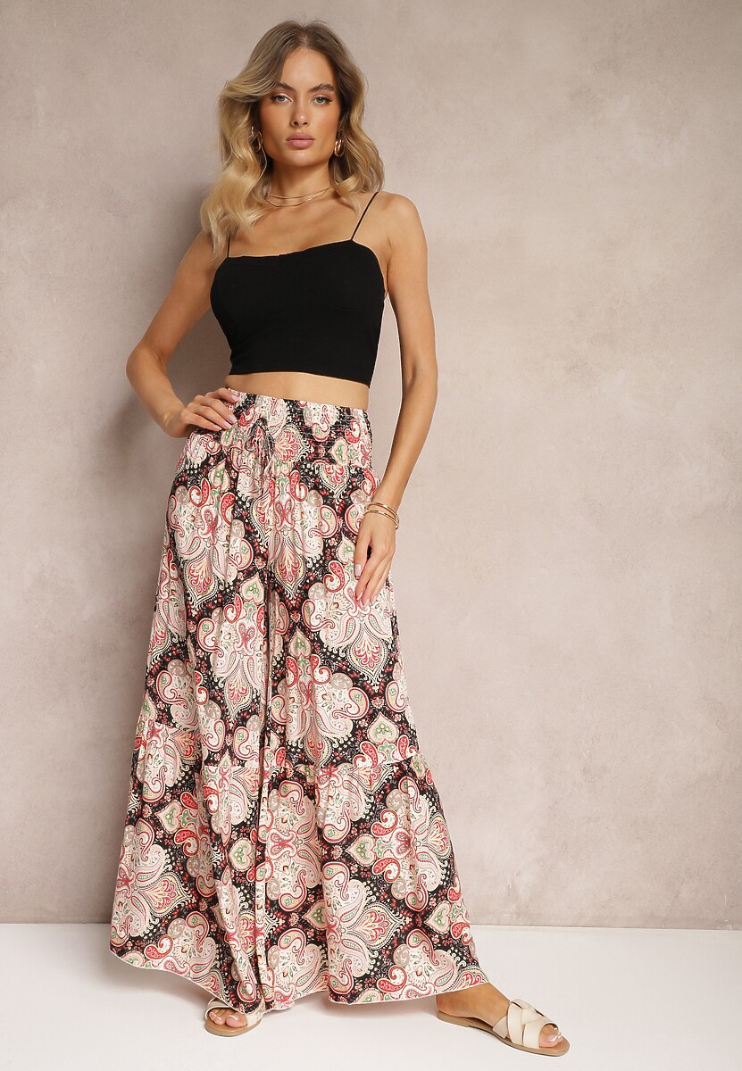 Różowo-Czarne Spodnie z Rozszerzanymi Nogawkami z Wiskozy High Waist z Gumką w Talii Nasie