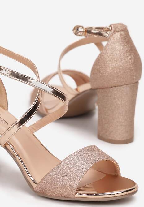 Szampańskie Brokatowe Sandały na Obcasie ze Sprzączką Marged