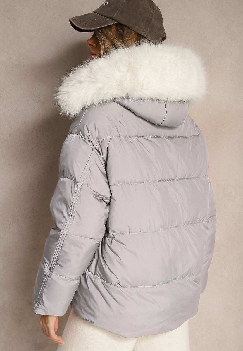 Jasnoszara Kurtka z Kieszeniami i Odpinanym Kołnierzem z Futerka Nomilaine