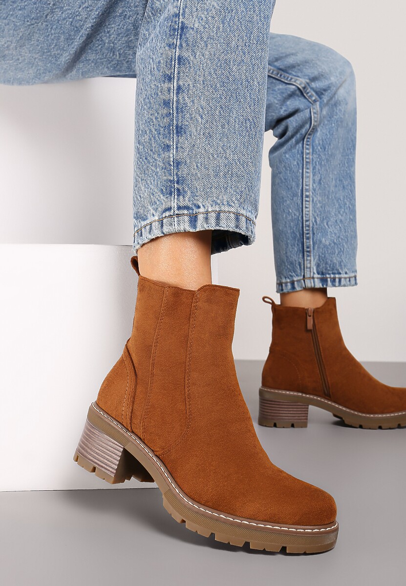 Brązowe Casualowe Botki na Słupku Zapinane na Suwak Mlivia