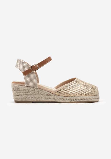 Złote Sandały Espadryle Udekorowane Plecionką na Koturnie i Nosku Suniva