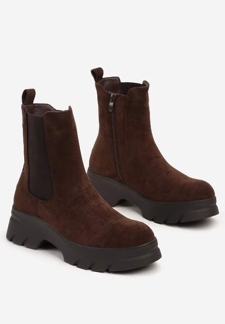 Brązowe Botki Sztyblety na Platformie z Elastyczną Cholewką Mavita