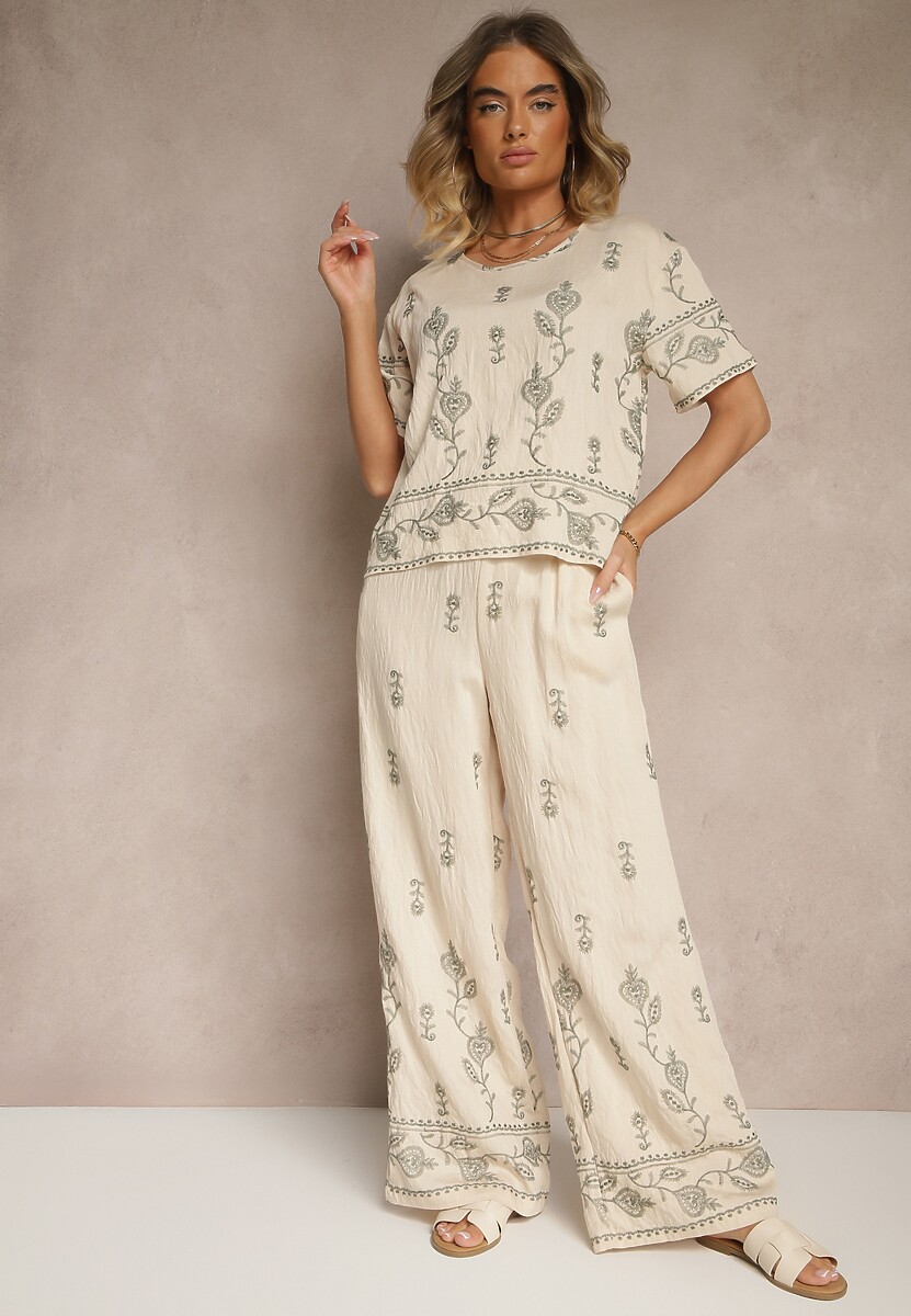 Biały Wiskozowy Komplet z Ozdobnym Haftem Koszulka i Spodnie o Szerokim Kroju Tealenea
