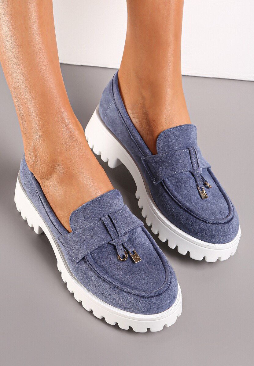 Niebiesko-Białe Mokasyny z Paskiem na Grubej Podeszwie Osani