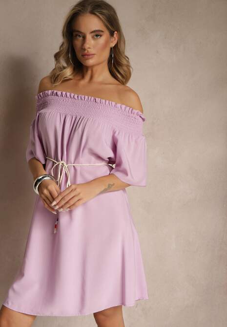 Fioletowa Sukienka Hiszpanka z Bawełną i Wiskozą Ozdobiona Sznurkiem Lilarelle