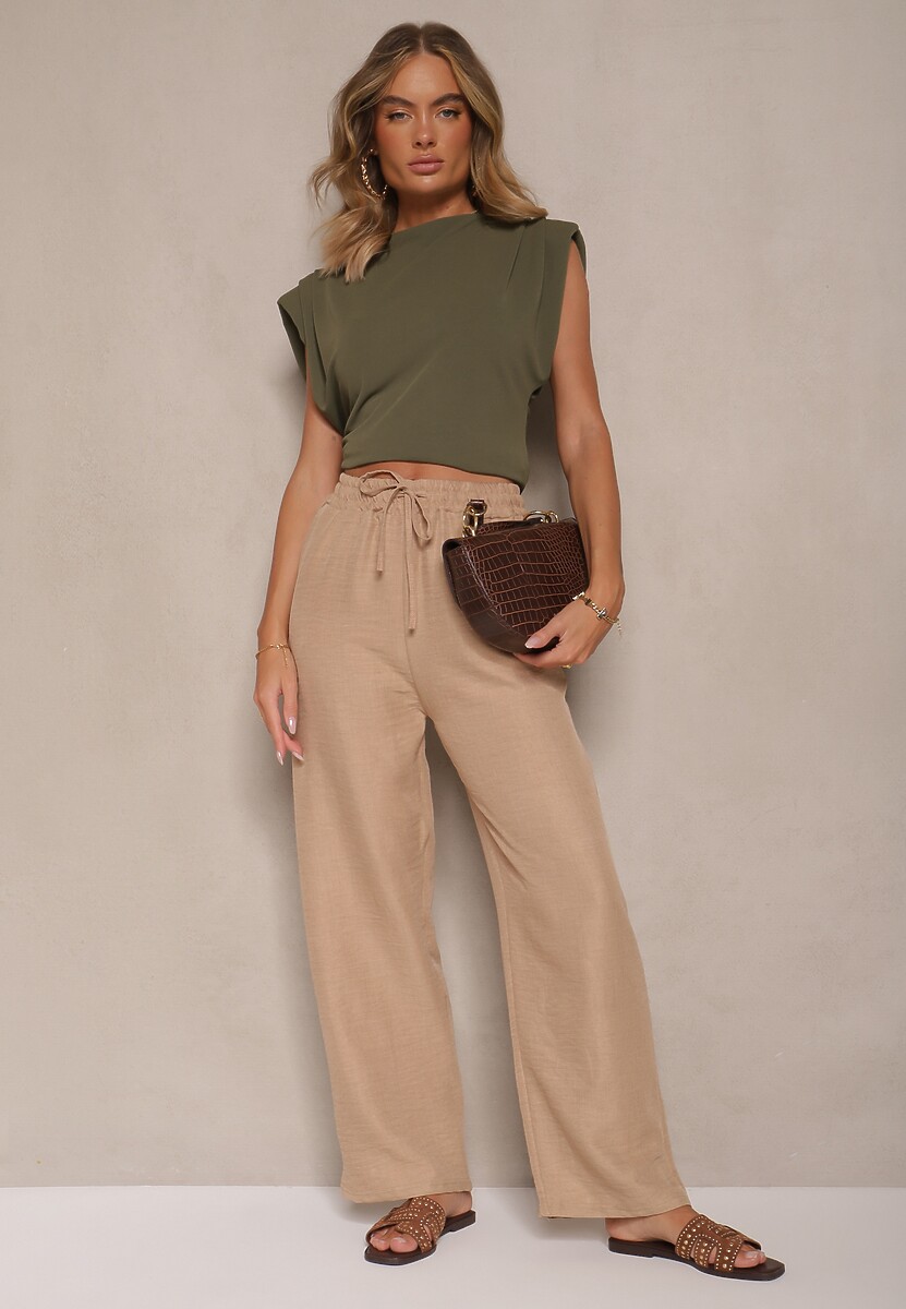 Beżowe Klasyczne Spodnie z Gumką i Sznurkiem w Pasie Ramaya
