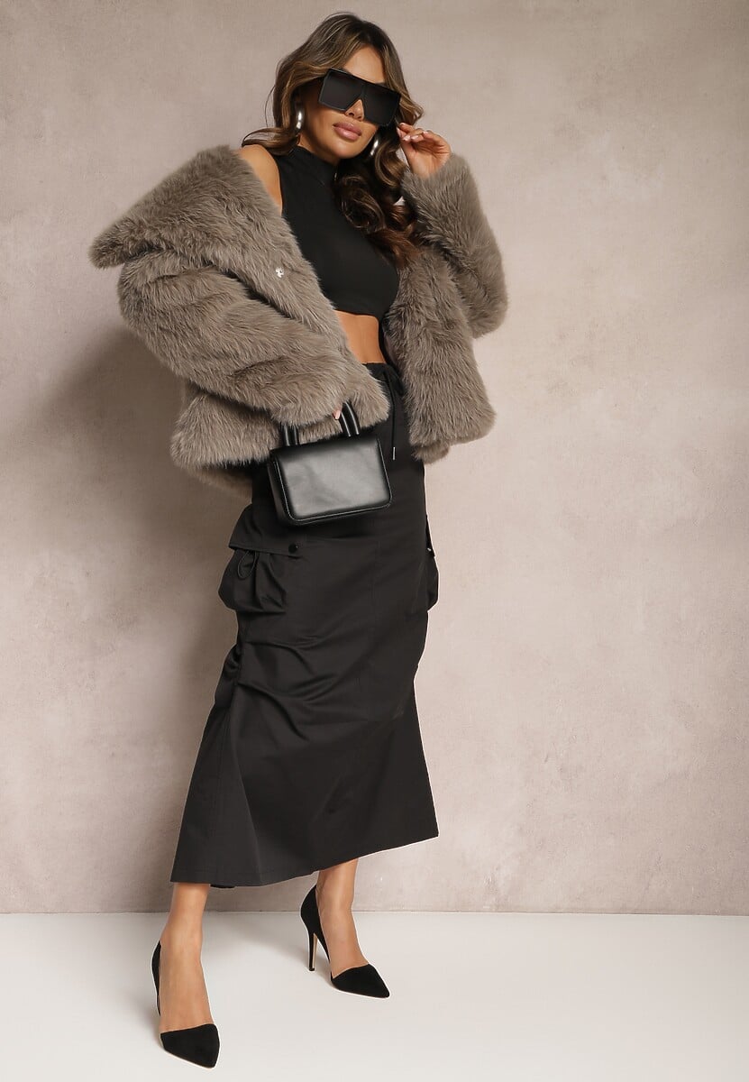 Ciemnoszara Kurtka Futro z Długim Włosiem Zelita