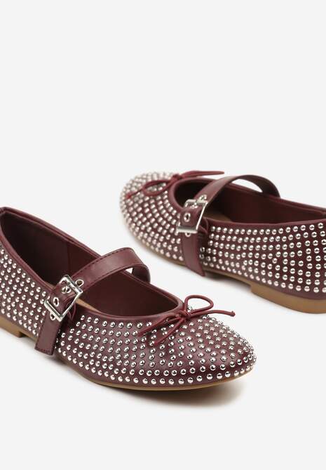Bordowe Balerinki Mary Jane Ozdobione Kokardą i Cyrkoniami Lurisellia