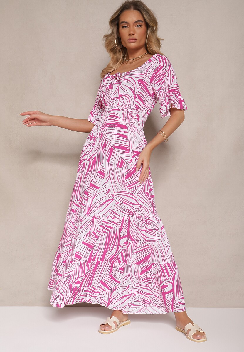 Różowa Sukienka z Bawełny o Rozkloszowanym Kroju z Motywem Liści Aluielle