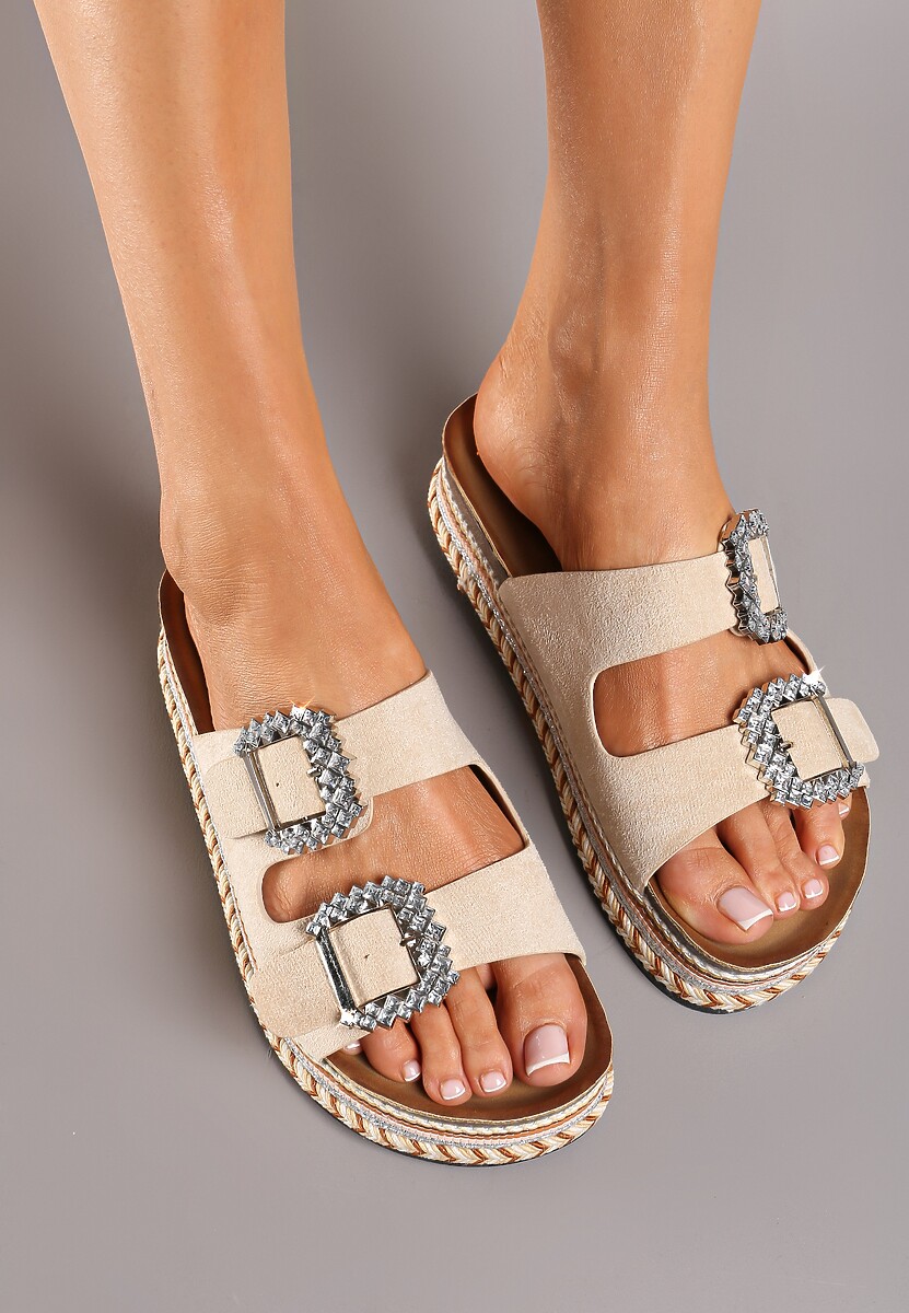 Beżowe Płaskie Klapki z Metaliczną Nicią i Paskami z Klamrą i Cyrkoniami Gregnia