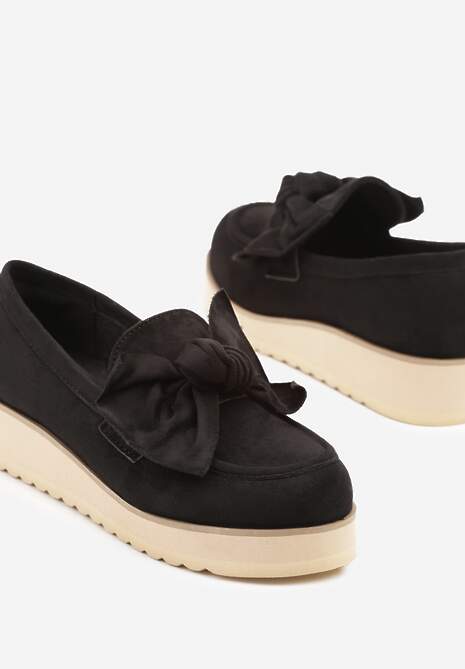 Czarne Mokasyny z Ekozamszu na Niskiej Platformie z Ozdobną Kokardą Nusalena
