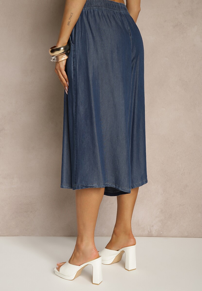 Granatowe Szerokie Szorty Bermudy z Ozdobnym Wiązaniem Terpio