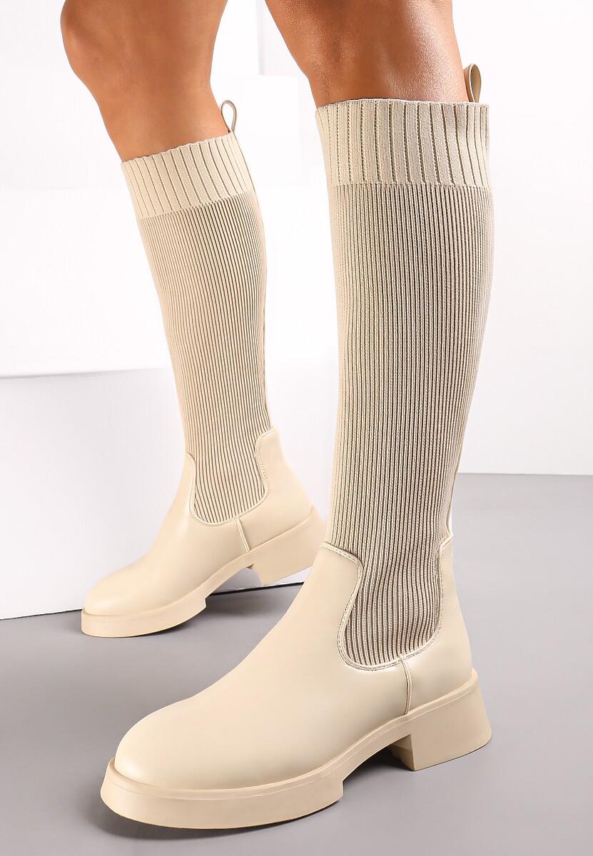 Beżowe Wsuwane Kozaki ze Skarpetkową Cholewką Przed Kolano na Grubej Podeszwie Miraple