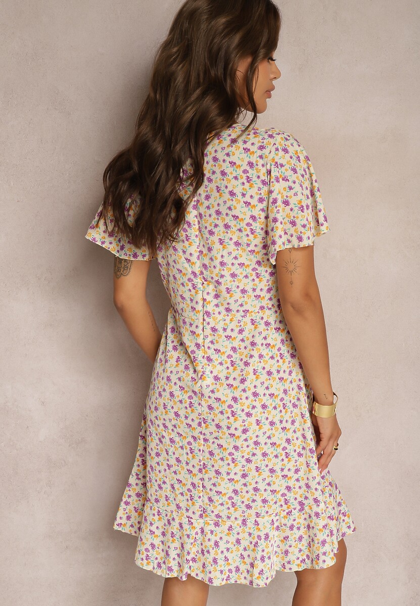 Beżowa Sukienka Midi o Pudełkowym Kroju w Kwiaty Kimbr