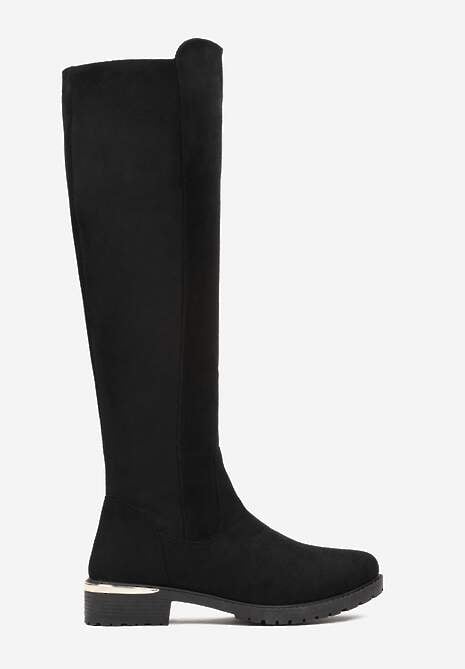 Czarne Kozaki Przed Kolano z Luźną Cholewką i Płaską Podeszwą Prado