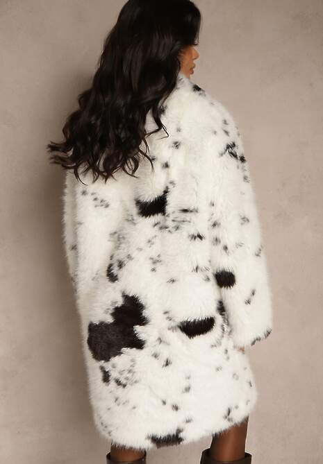 Biało-Brązowy Długi Futrzany Płaszcz w Krowie Łaty Otirona