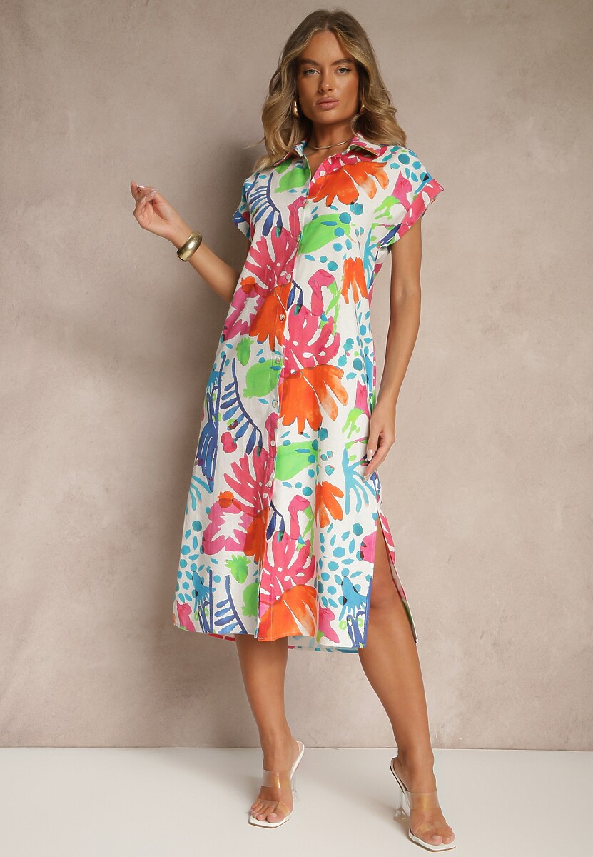 Beżowa Koszulowa Sukienka z Bawełny z Kieszeniami Seddie