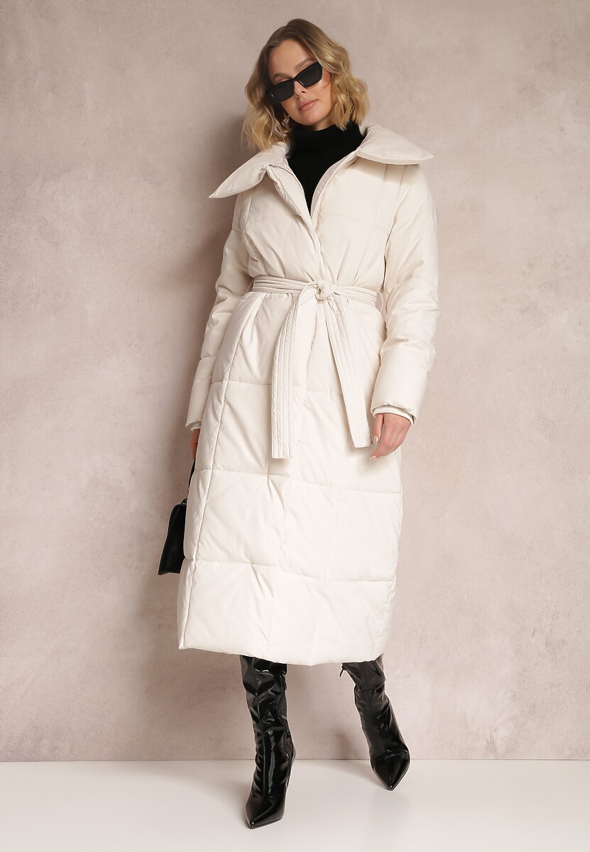 Beżowa Kurtka za Kolano Pikowana Chadi