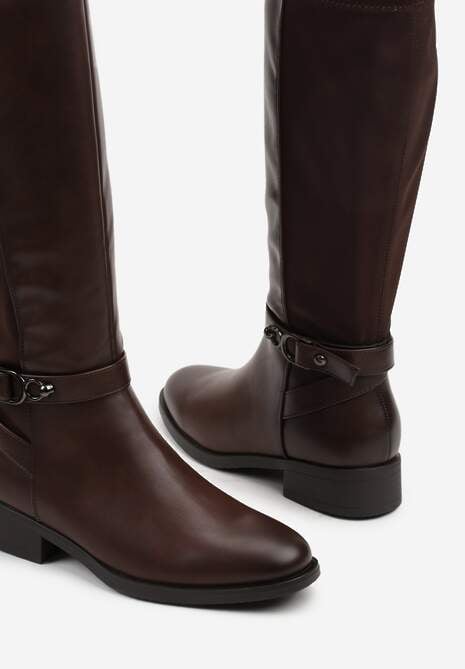 Brązowe Kozaki w Stylu Oficerek Ozdobione Klamrami Otima