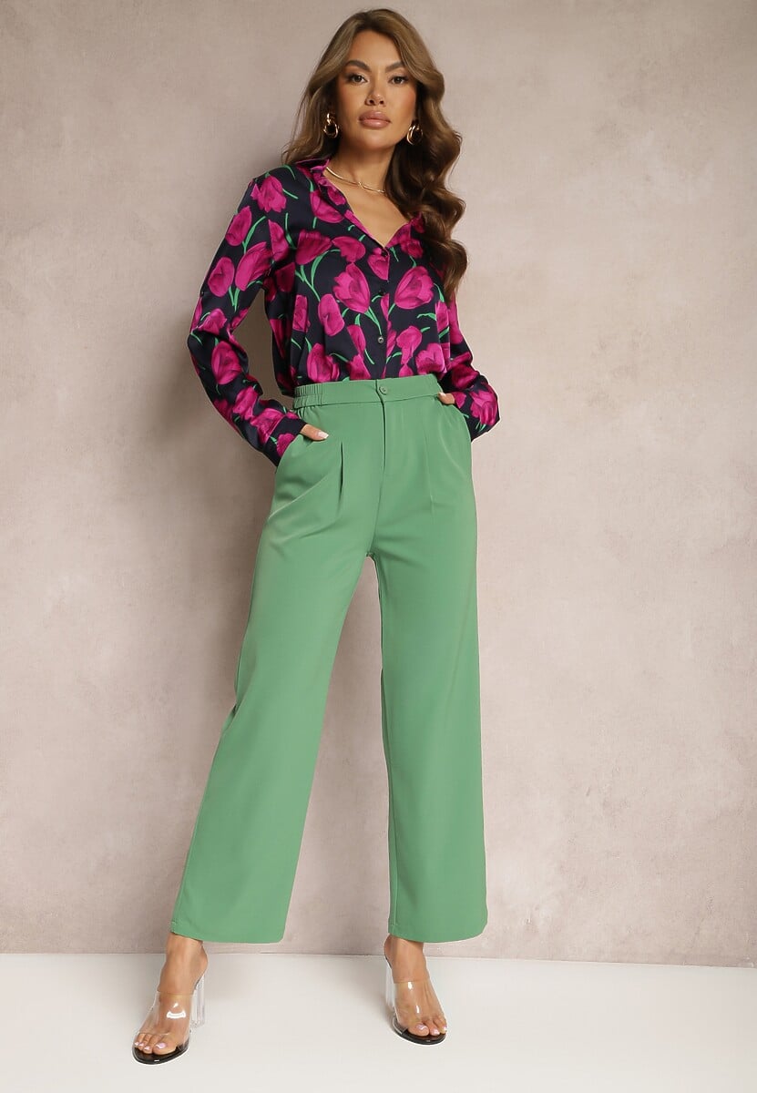 Jasnobeżowe Spodnie z Szeroką Prostą Nogawką Wykończone Gumką w Pasie Zapinane na Zamek Błyskawiczny Sonoria