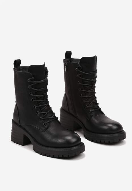 Czarne Sznurowane Botki Workery na Słupku z Ociepleniem Ciabella