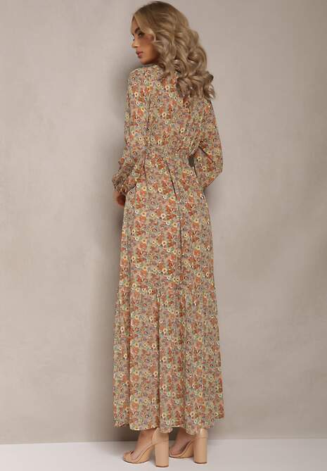 Beżowa Sukienka z Kopertowym Dekoltem i Gumką w Talii Behi