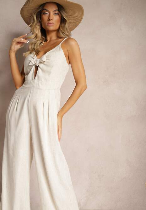 Beżowy Kombinezon z Bawełny z Szerokimi Nogawkami na Ramiączkach z Regulacją i Wiązaniem Tylona