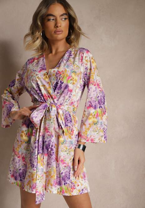 Fioletowy Kopertowy Kombinezon z Wiązanym Paskiem i Rozszerzanymi Rękawami Telurea