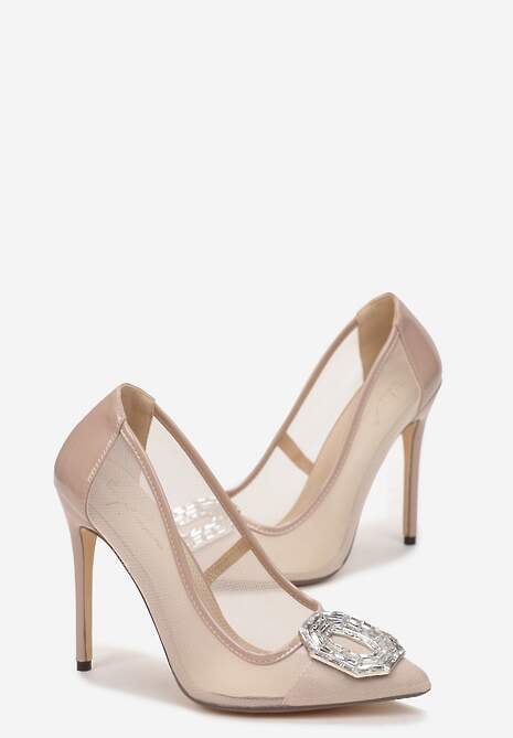 Beżowe Szpilki z Ozdobą w Cyrkonie i Szpiczastym Noskiem Malenga