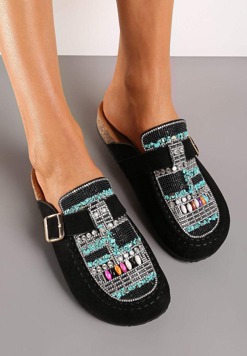 Czarne Klapki w typie Muli z Korkową Podeszwą i Ozdobnymi Kamieniami Louvia