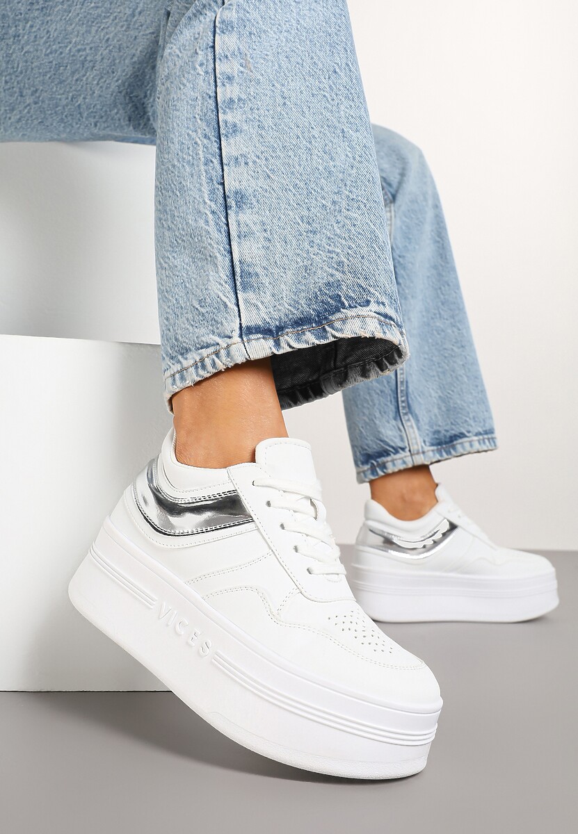 Biało-Srebrne Sneakersy Vices na Platformie z Tłoczonym Napisem ze Sznurowaniem Eanneth