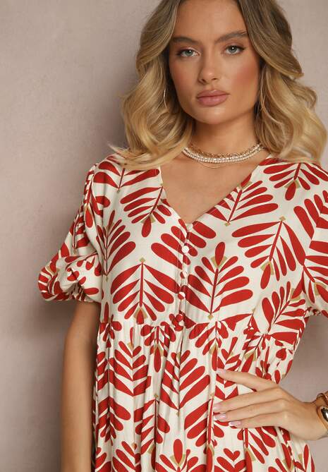 Czerwona Sukienka z Wiskozą o Rozkloszowanym Kroju w Roślinny Wzór Heledis