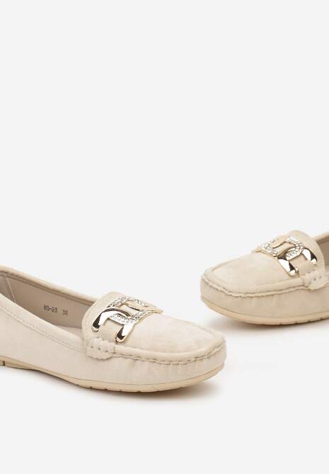 Beżowe Płaskie Mokasyny z Ekozamszu Ozdobione Klamrą z Cyrkoniami Tailer