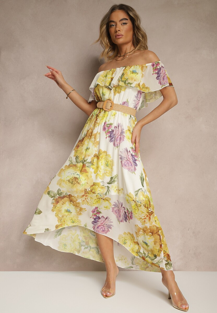 Żółta Sukienka Hiszpanka z Kwiatowym Wzorem i Plecionym Paskiem Sadeene