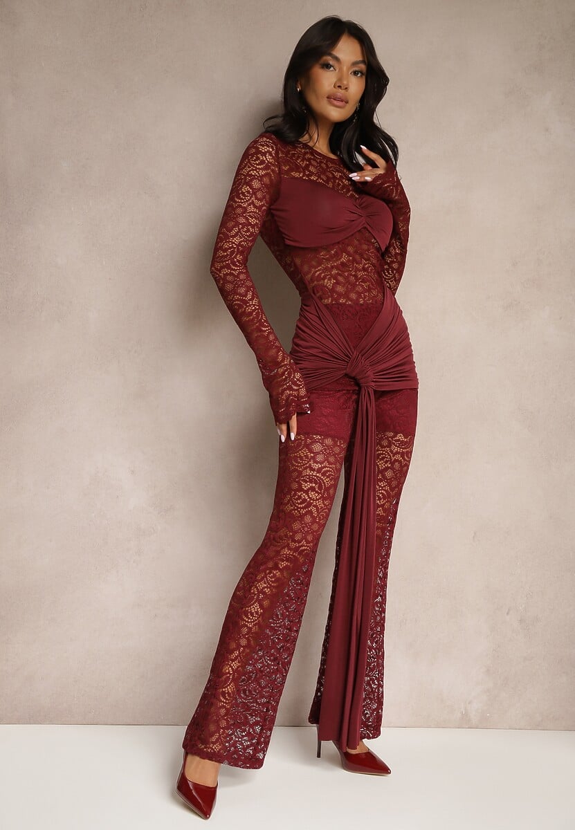 Czarny Komplet z Koronki Zdobiony Trenem Spodnie o Szerokim Kroju i Bluzka Longsleeve Feladi