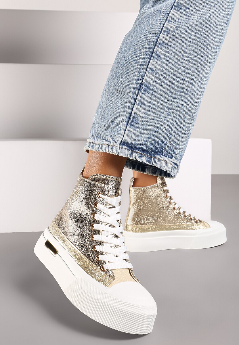 Złote Brokatowe Trampki na Platformie z Cholewką za Kostkę Nevirosa
