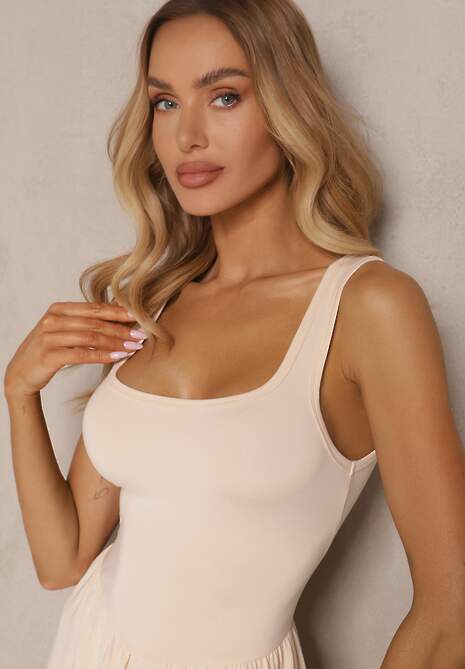 Jasnobeżowa Rozkloszowana Sukienka z Wiskozą Edivaya