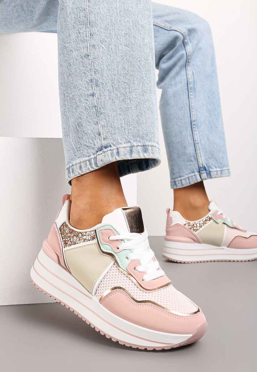 Białe Sneakersy na Niskiej Platformie ze Wstawkami z Brokatu Quinnes