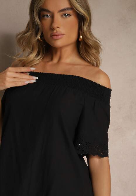 Czarna Sukienka o Kroju Hiszpanki z Bawełny z Ażurowymi Zdobieniami Filviana