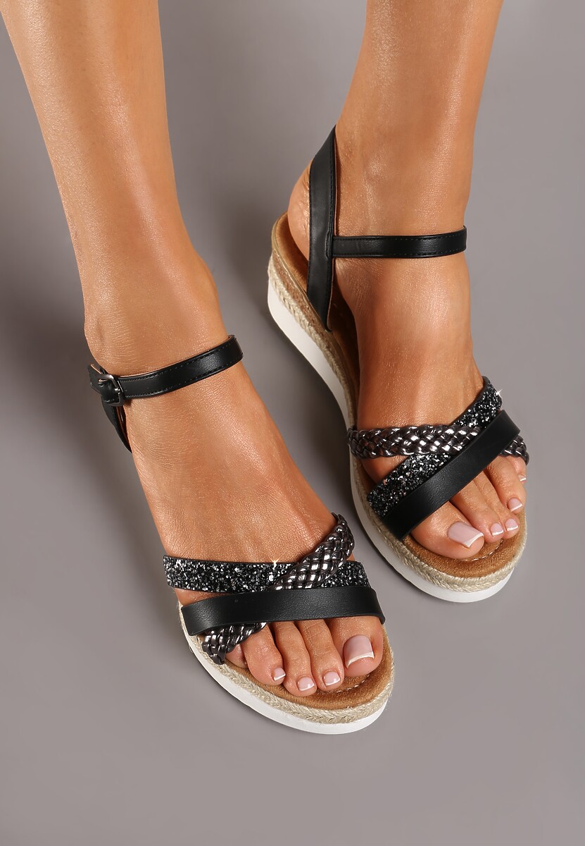 Czarne Sandały na Koturnie Ozdobione Plecionką Zapinane na Sprzączkę Krendia