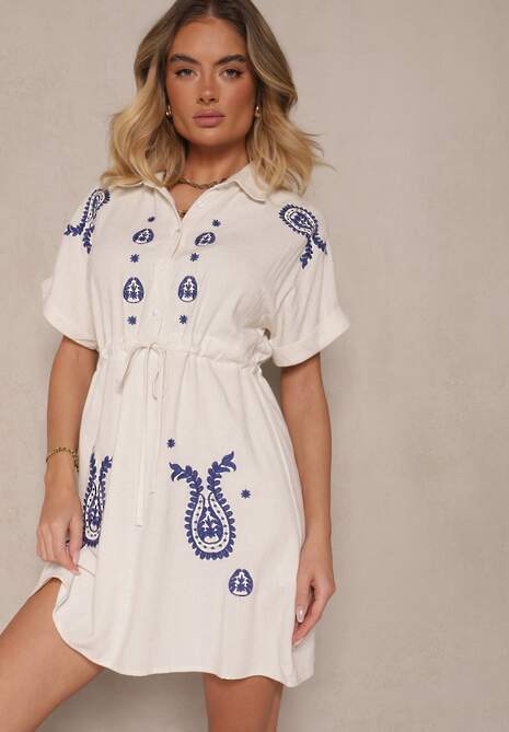 Niebiesko-Beżowa Koszulowa Sukienka z Bawełny Ozdobiona Sznurkiem i Haftami Ronara